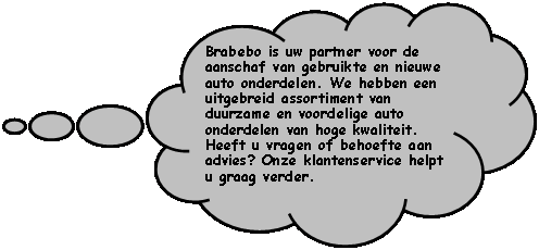 Gedachtewolkje: wolk: Brabebo is uw partner voor de aanschaf van gebruikte en nieuwe auto onderdelen. We hebben een uitgebreid assortiment van duurzame en voordelige auto onderdelen van hoge kwaliteit. Heeft u vragen of behoefte aan advies? Onze klantenservice helpt u graag verder. 