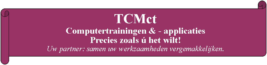 Rol: horizontaal: TCMct Computertrainingen & - applicaties Precies zoals ú het wilt!Uw partner: samen uw werkzaamheden vergemakkelijken.
